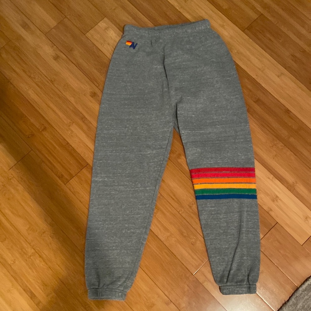 Aviator Nation XS gray sweatpants with rainbow on leg